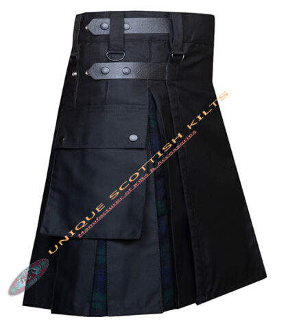 Scottish Handmade Black Watch Tartan Utility Kilt Black Cotton Hybrid