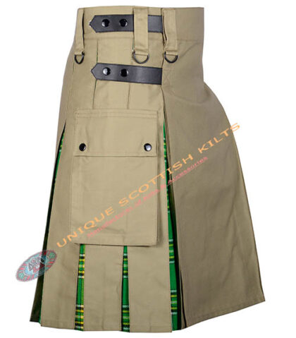 Handmade Irish Tartan Utility Kilt With Khaki Cotton Hybrid