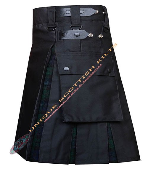 Scottish Handmade Black Watch Tartan Utility Kilt Black Cotton Hybrid - Image 3