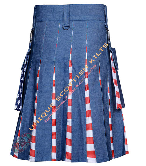 Handmade American Flag Denim Hybrid Utility Kilt With Adjustable Leather Straps - Image 3