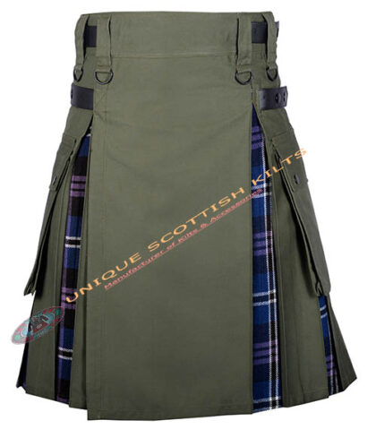 Handmade Olive Green with Heritage of Scotland Tartan Utility Hybrid Kilt with Adjustable Leather Straps