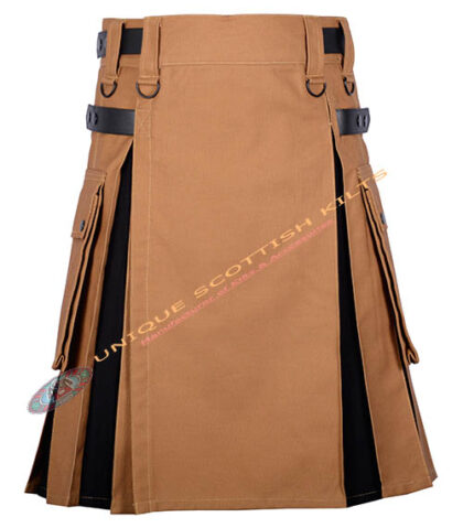 Handmade Camel Canvas & Black Cotton Hybrid Utility Kilt