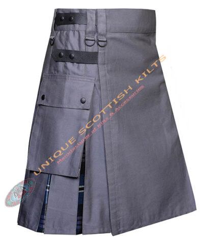 Scottish Handmade Heritage of Scotland Tartan Utility Kilt Grey Cotton Hybrid