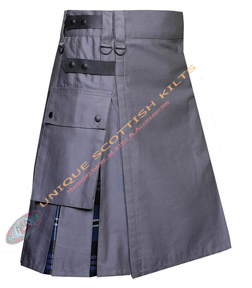 Scottish Handmade Heritage of Scotland Tartan Utility Kilt Grey Cotton Hybrid