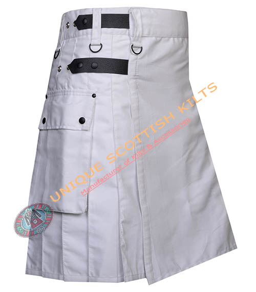 White Cotton Utility Kilt With Leather straps - Image 2