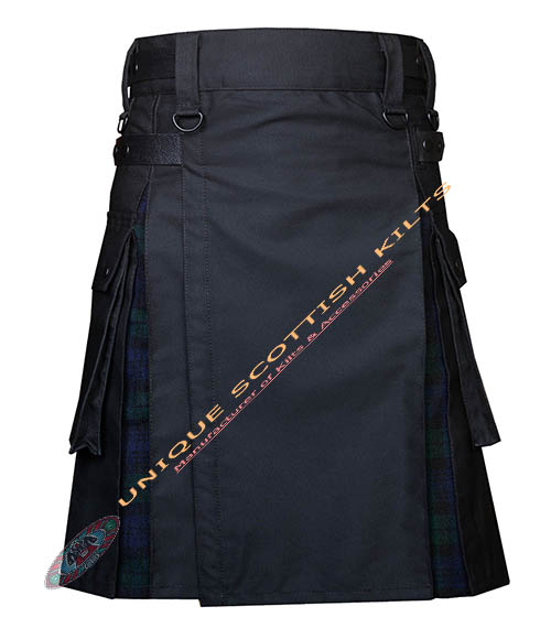 Scottish Handmade Black Watch Tartan Utility Kilt Black Cotton Hybrid - Image 2