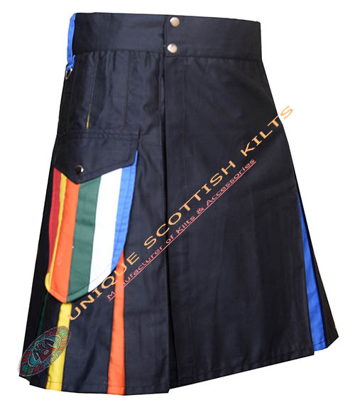 Handmade LGBTQ Cotton Hybrid Utility Kilt, Cargo pockets Rainbow Kilts