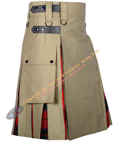 Handmade Scottish Rose Tartan Utility Kilt With Khaki Cotton Hybrid