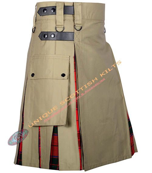 Handmade Scottish Rose Tartan Utility Kilt With Khaki Cotton Hybrid