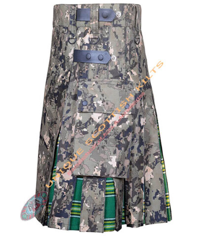 Scottish Handmade Multi camo With Irish Tartan Hybrid Utility Kilt adjustable Leather Straps