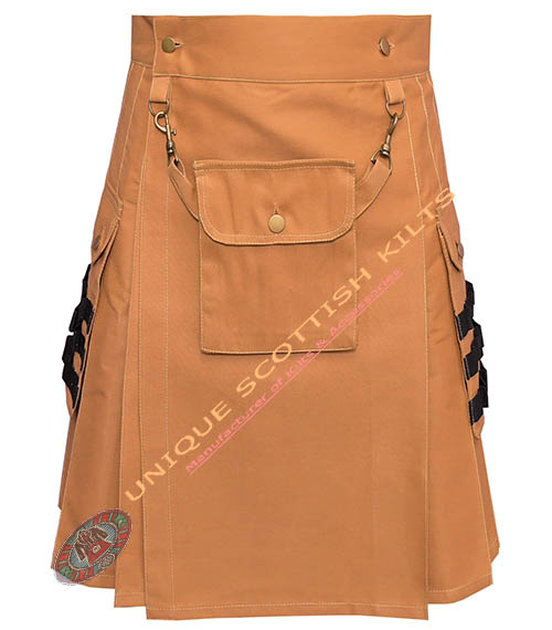 Scottish Handmade Camel Canvas Cotton Utility kilt With Front Removeable Pocket - Image 2