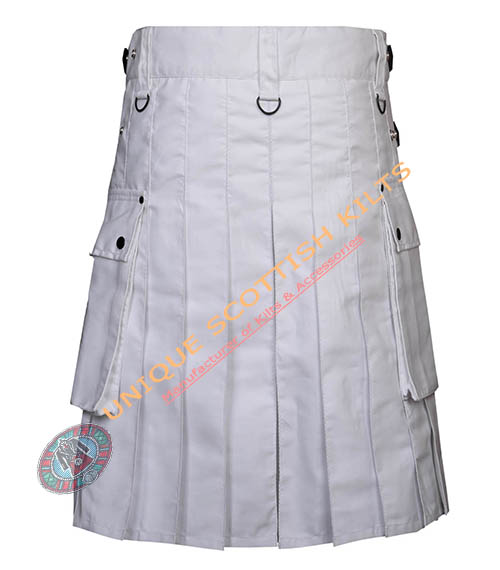 White Cotton Utility Kilt With Leather straps - Image 4