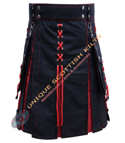 Handmade Scottish Black & Red Cotton Hybrid Utility Kilt With Laces Style