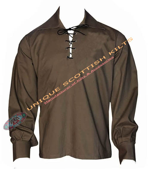 Handmade Scottish Jacobite Brown Ghillie Kilt Shirt Custom Made