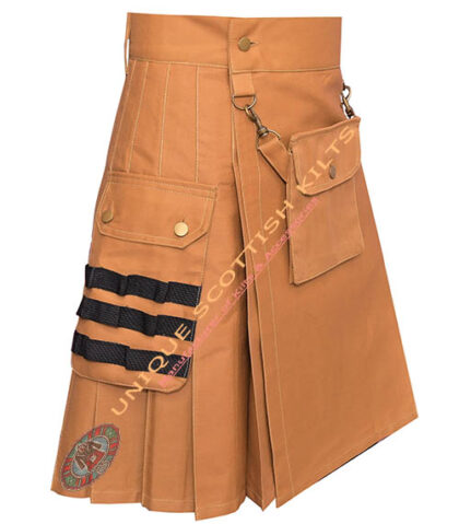 Scottish Handmade Camel Canvas Cotton Utility kilt With Front Removeable Pocket