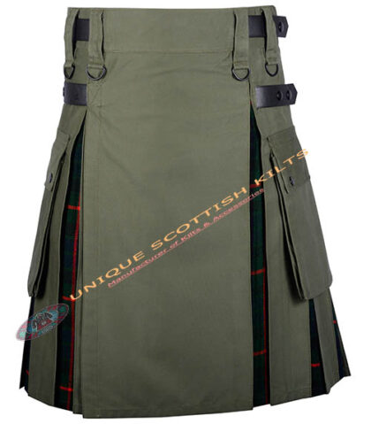Handmade Olive Green with Gun Modern Tartan Utility Hybrid Kilt with Adjustable Leather Straps