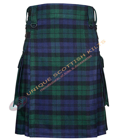 Black Watch Tartan Utility Kilt With Adjustable Leather Straps - Image 2