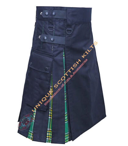 Scottish Handmade Irish Tartan Hybrid Utility Kilt, Black Cotton with Adjustable Leather Straps