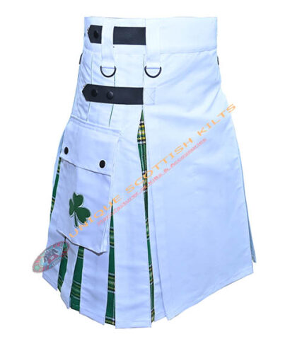 Handmade White Cotton with Irish Tartan Hybrid Utility Kilt, Shamrock Leaf Embroidery Cargo pockets