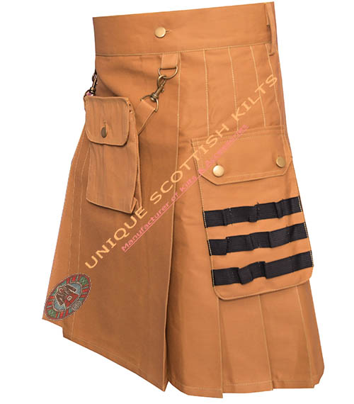 Scottish Handmade Camel Canvas Cotton Utility kilt With Front Removeable Pocket - Image 3