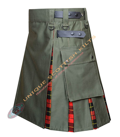 Handmade Wallace Tartan Utility Kilt Olive Green Cotton Hybrid - Image 3