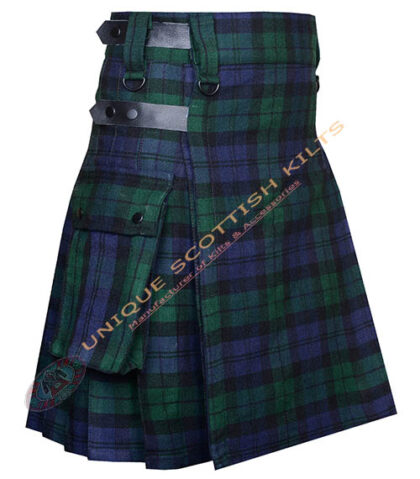 Black Watch Tartan Utility Kilt With Adjustable Leather Straps