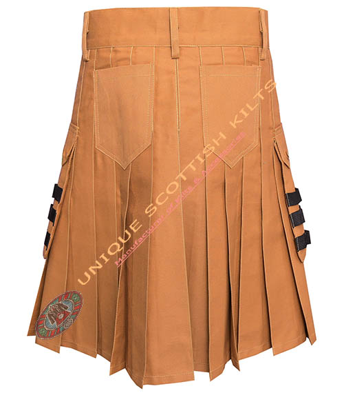 Scottish Handmade Camel Canvas Cotton Utility kilt With Front Removeable Pocket - Image 4