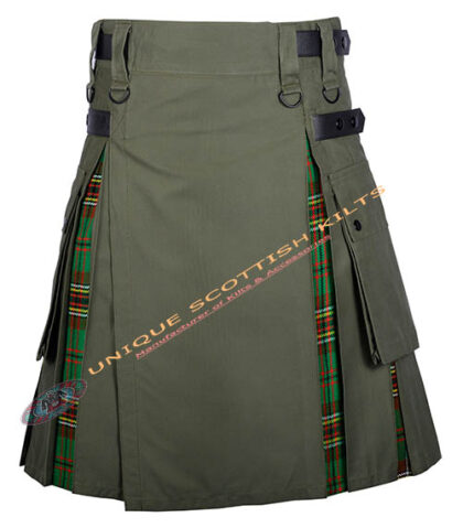 Handmade Olive Green with Tara Murphy Tartan Hybrid Utility Kilt with Adjustable Leather Straps