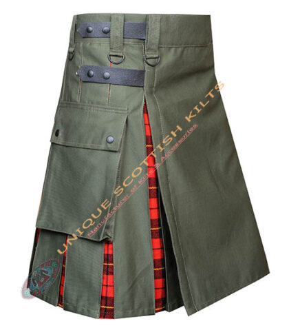Handmade Wallace Tartan Utility Kilt Olive Green Cotton Hybrid