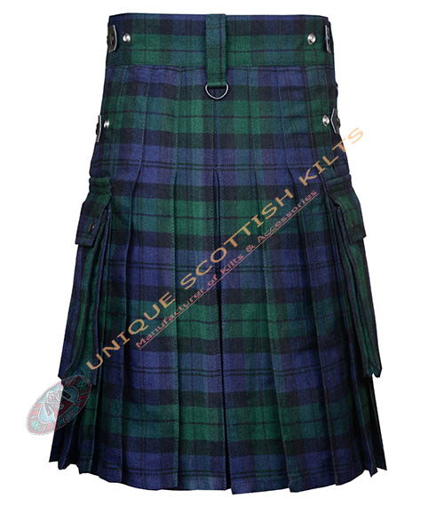 Black Watch Tartan Utility Kilt With Adjustable Leather Straps - Image 3