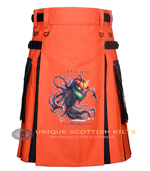 Halloween Utility Kilt, Orange & Black Cotton Hybrid Pumpkin kilt With Adjustable Leather steps - Image 2