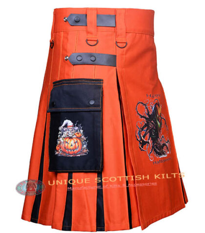 Halloween Utility Kilt, Orange & Black Cotton Hybrid Pumpkin kilt With Adjustable Leather steps