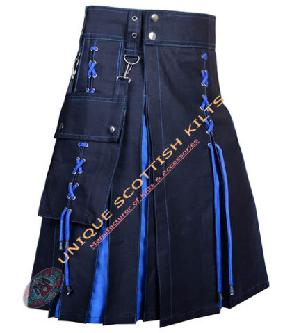 Handmade Scottish Black & Blue Cotton Hybrid Utility Kilt With Laces Style