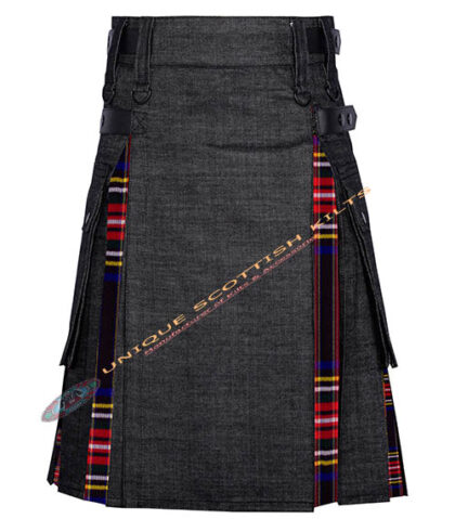 Black Denim With Black Stewart Tartan Hybrid Utility Kilt