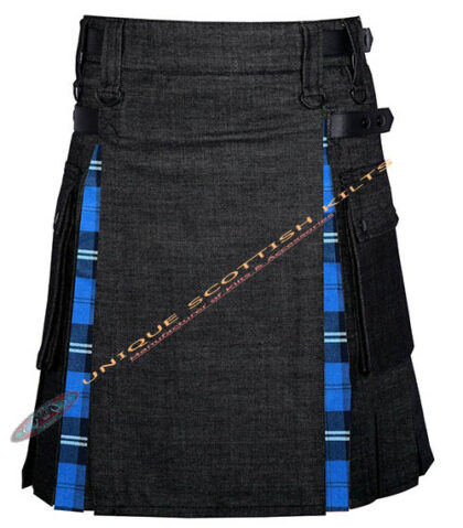 Black Denim With Ramsey Blue Tartan Hybrid Utility Kilt