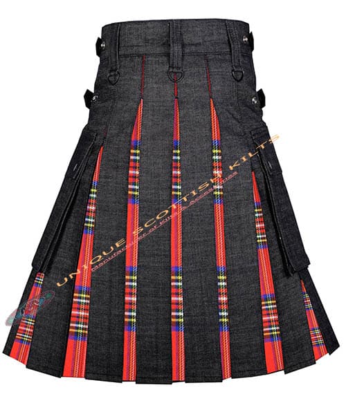 15 Black Denim With Royal Stewart Tartan Hybrid Utility Kilt - Image 2