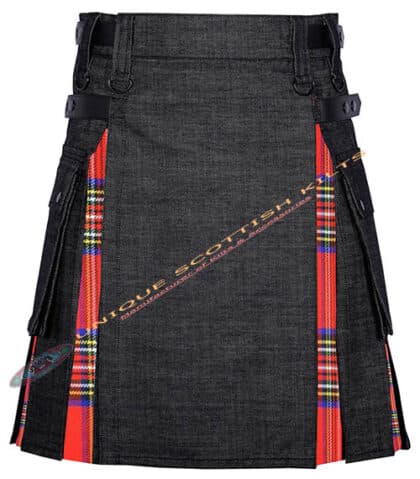 Black Denim With Royal Stewart Tartan Hybrid Utility Kilt