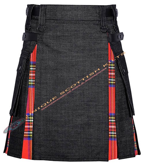 16 Black Denim With Royal Stewart Tartan Hybrid Utility Kilt