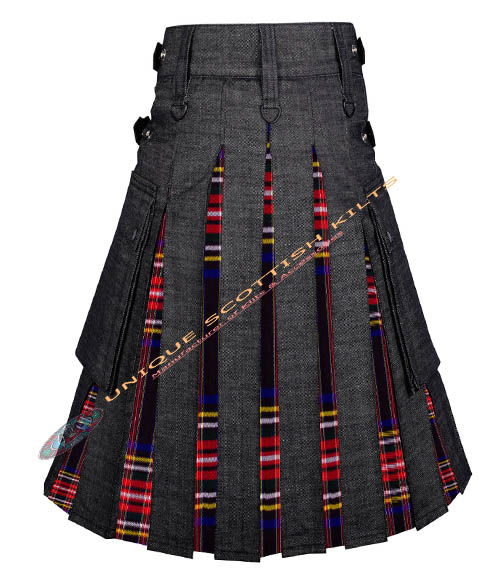 2 Black Denim With Black Stewart Tartan Hybrid Utility Kilt - Image 2