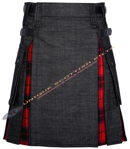Black Denim With Scottish Rose Tartan Hybrid Utility Kilt