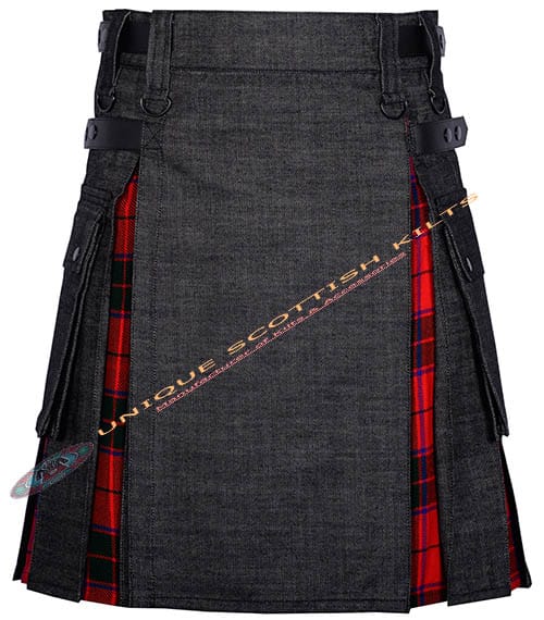 Black Denim With Scottish Rose Tartan Hybrid Utility Kilt