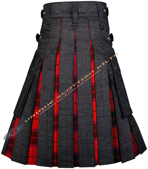 Black Denim With Scottish Rose Tartan Hybrid Utility Kilt - Image 2