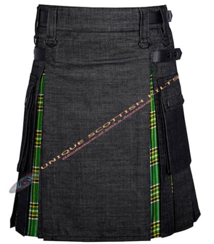 Black Denim With Irish Tartan Hybrid Utility Kilt