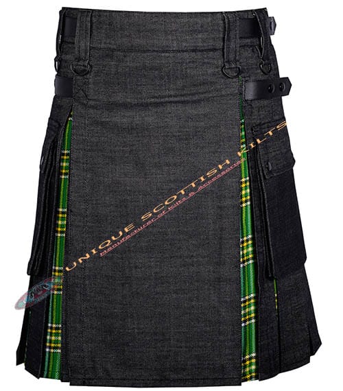 Black Denim With Irish Tartan Hybrid Utility Kilt