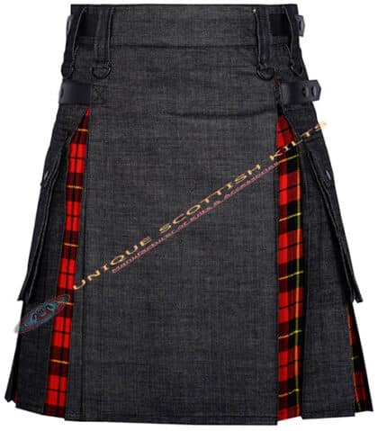 Black Denim With Wallace Tartan Hybrid Utility Kilt