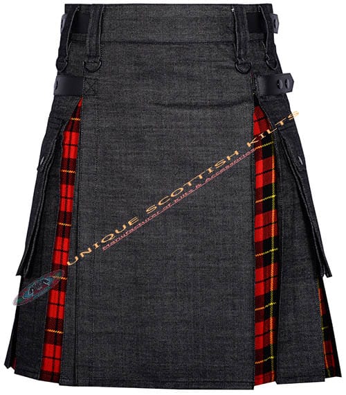Black Denim With Wallace Tartan Hybrid Utility Kilt