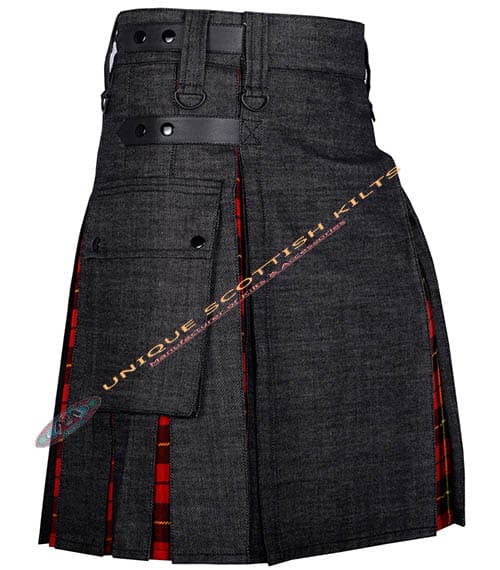 Black Denim With Wallace Tartan Hybrid Utility Kilt - Image 3