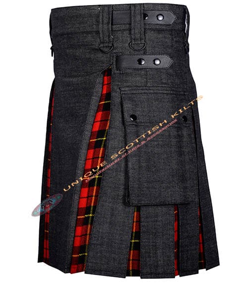 Black Denim With Wallace Tartan Hybrid Utility Kilt - Image 4