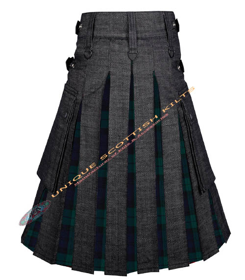 3 Black Denim With Black Watch Tartan Hybrid Utility Kilt - Image 2