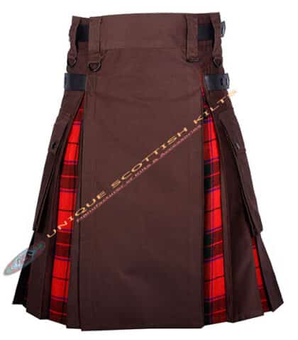 Brown Cotton With Scottish Rose Tartan Hybrid Utility Kilt